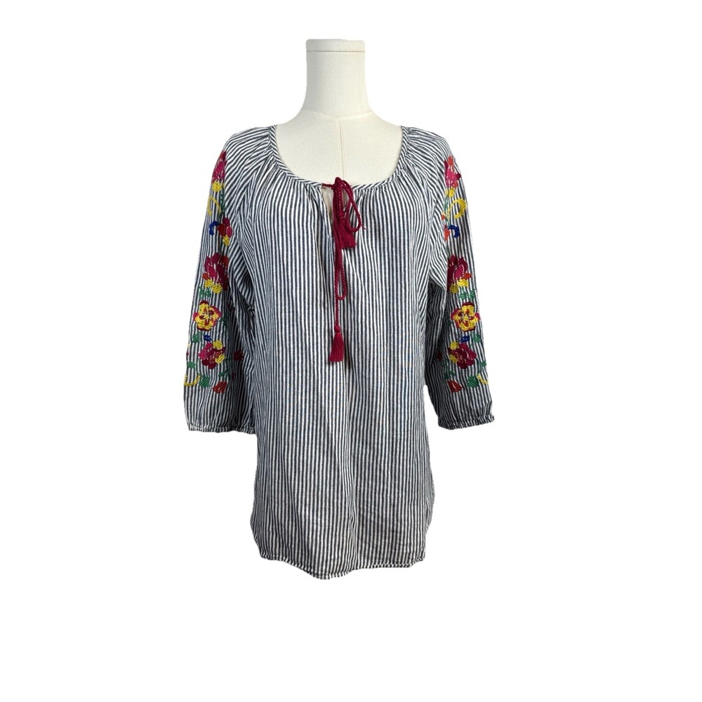 Westport Womens Embroidered Blouse Top Med Navy White Striped Boho 3/4 Sleeves